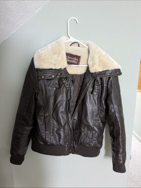 Women's Brown Faux-Leather Aviator Jacket with Cream Sherpa Collar